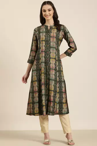 women's calf length mandarin collar olive geometric a-line kurta