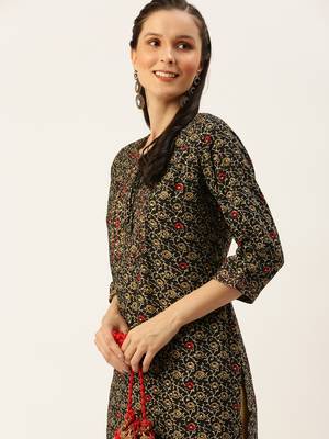 women's calf length round neck coffee brown floral straight kurta 1