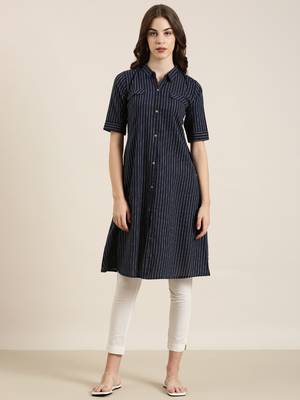 Showoff women's calf length shirt collar navy blue striped straight kurta 1