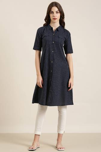 Showoff women's calf length shirt collar navy blue striped straight kurta