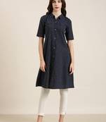 Showoff women's calf length shirt collar navy blue striped straight kurta