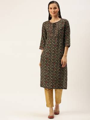 women's calf length round neck coffee brown floral straight kurta 2
