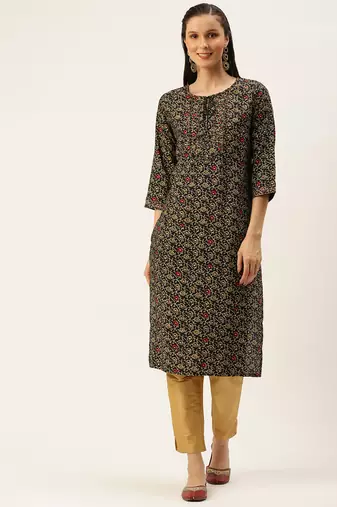 women's calf length round neck coffee brown floral straight kurta