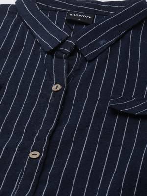 Showoff women's calf length shirt collar navy blue striped straight kurta 3