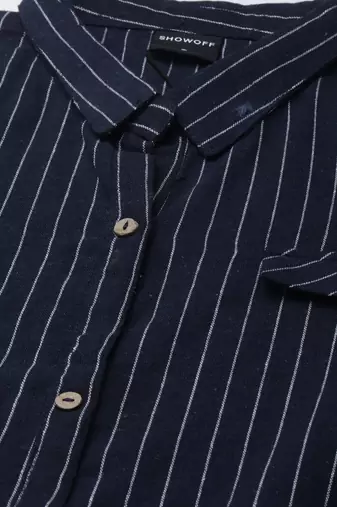 Showoff women's calf length shirt collar navy blue striped straight kurta