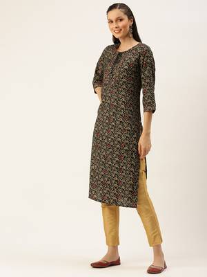 women's calf length round neck coffee brown floral straight kurta 3