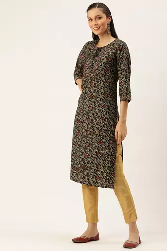 women's calf length round neck coffee brown floral straight kurta