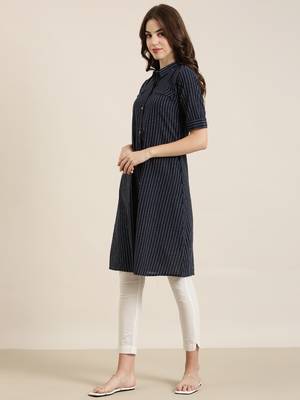Showoff women's calf length shirt collar navy blue striped straight kurta 4