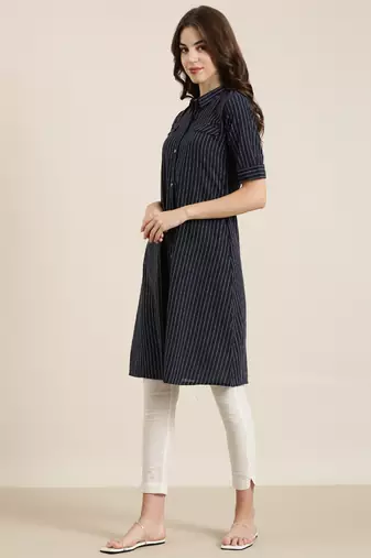 Showoff women's calf length shirt collar navy blue striped straight kurta