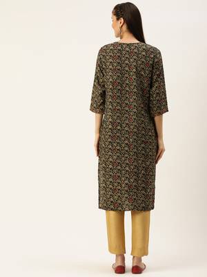 women's calf length round neck coffee brown floral straight kurta 4