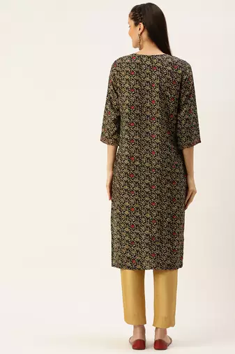women's calf length round neck coffee brown floral straight kurta