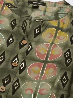 women's calf length mandarin collar olive geometric a-line kurta 3