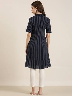 Showoff women's calf length shirt collar navy blue striped straight kurta 5