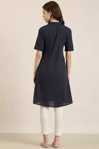 Showoff women's calf length shirt collar navy blue striped straight kurta