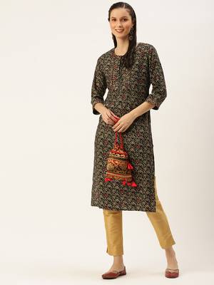 women's calf length round neck coffee brown floral straight kurta 5
