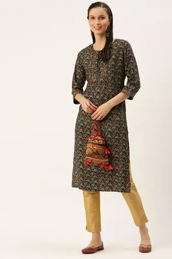 women's calf length round neck coffee brown floral straight kurta