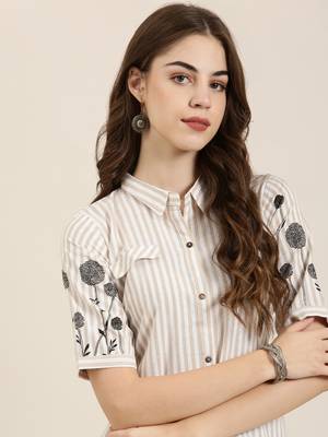 Showoff women's calf length shirt collar beige striped a-line kurta 2