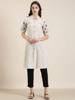 Showoff women's calf length shirt collar beige striped a-line kurta 1