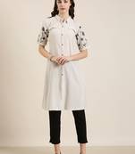 Showoff women's calf length shirt collar beige striped a-line kurta