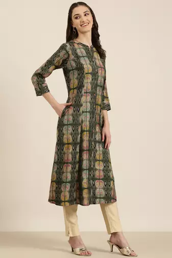 women's calf length mandarin collar olive geometric a-line kurta