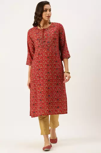 women's calf length round neck maroon floral straight kurta