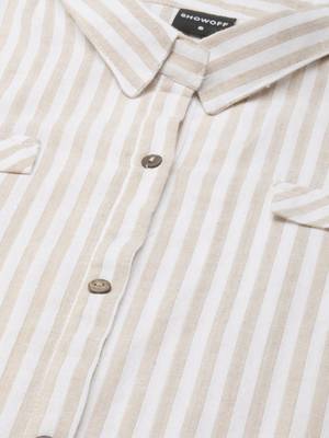 Showoff women's calf length shirt collar beige striped a-line kurta 3