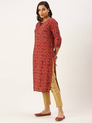 women's calf length round neck maroon floral straight kurta 3