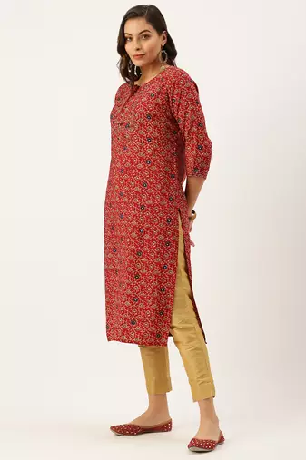 women's calf length round neck maroon floral straight kurta