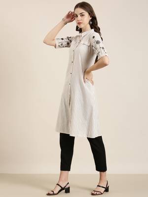 Showoff women's calf length shirt collar beige striped a-line kurta 4