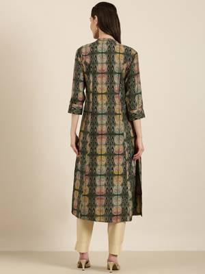 women's calf length mandarin collar olive geometric a-line kurta 5