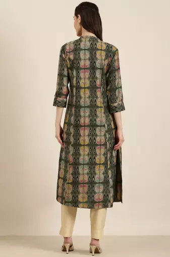 women's calf length mandarin collar olive geometric a-line kurta