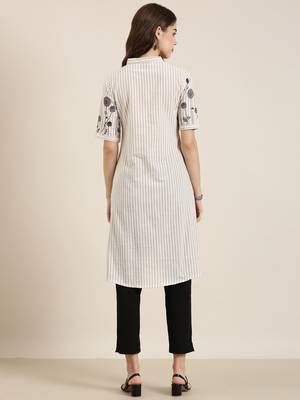 Showoff women's calf length shirt collar beige striped a-line kurta 5