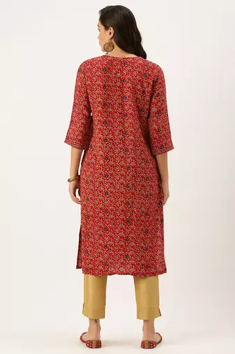 women's calf length round neck maroon floral straight kurta