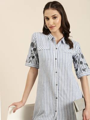women's calf length shirt collar blue striped a-line kurta 2
