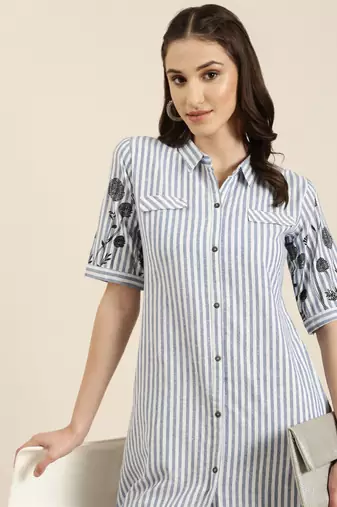 women's calf length shirt collar blue striped a-line kurta
