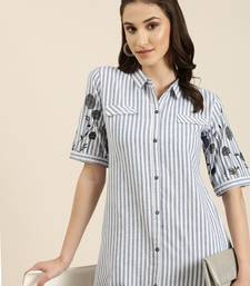 women's calf length shirt collar blue striped a-line kurta