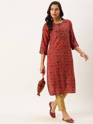 women's calf length round neck maroon floral straight kurta 5