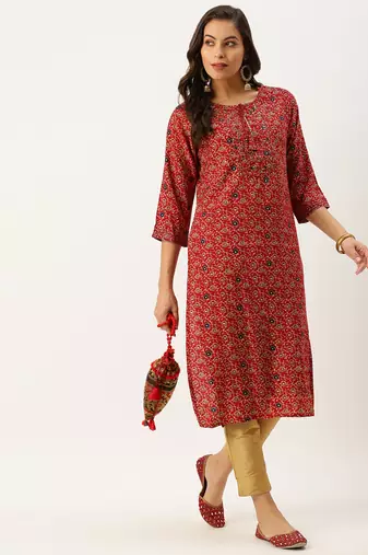 women's calf length round neck maroon floral straight kurta