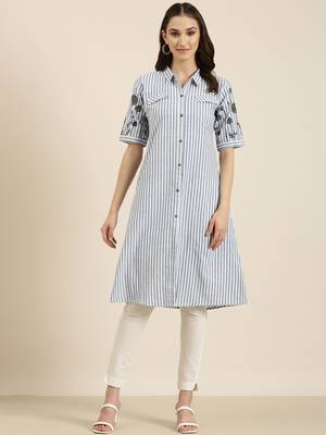 women's calf length shirt collar blue striped a-line kurta 1