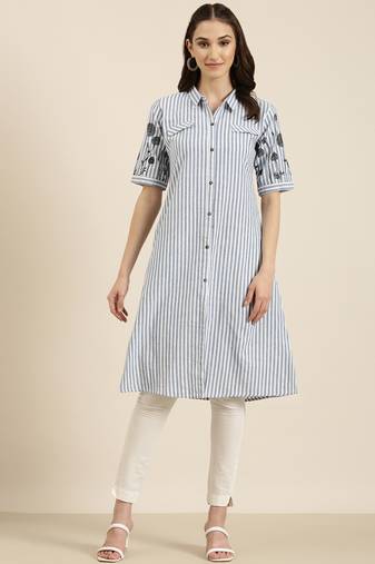 women's calf length shirt collar blue striped a-line kurta