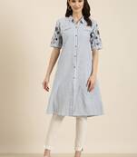 women's calf length shirt collar blue striped a-line kurta
