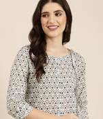 women's calf length round neck cream geometric a-line kurta