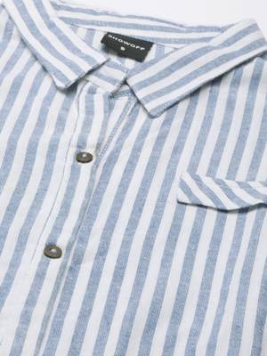 women's calf length shirt collar blue striped a-line kurta 3