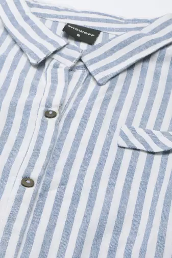 women's calf length shirt collar blue striped a-line kurta