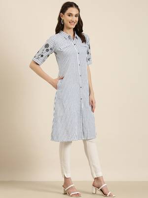 women's calf length shirt collar blue striped a-line kurta 4