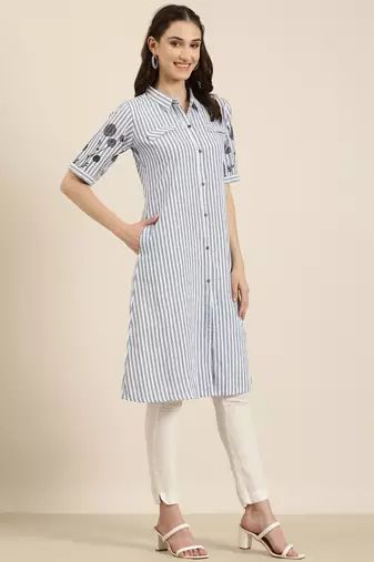 women's calf length shirt collar blue striped a-line kurta