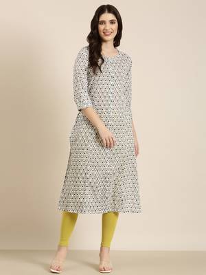 women's calf length round neck cream geometric a-line kurta 2
