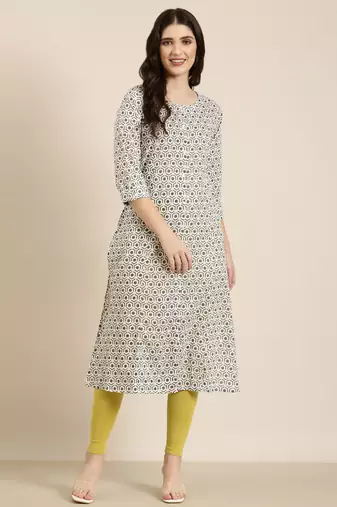 women's calf length round neck cream geometric a-line kurta