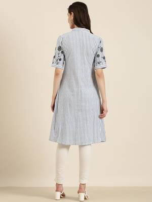 women's calf length shirt collar blue striped a-line kurta 5