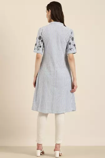 women's calf length shirt collar blue striped a-line kurta